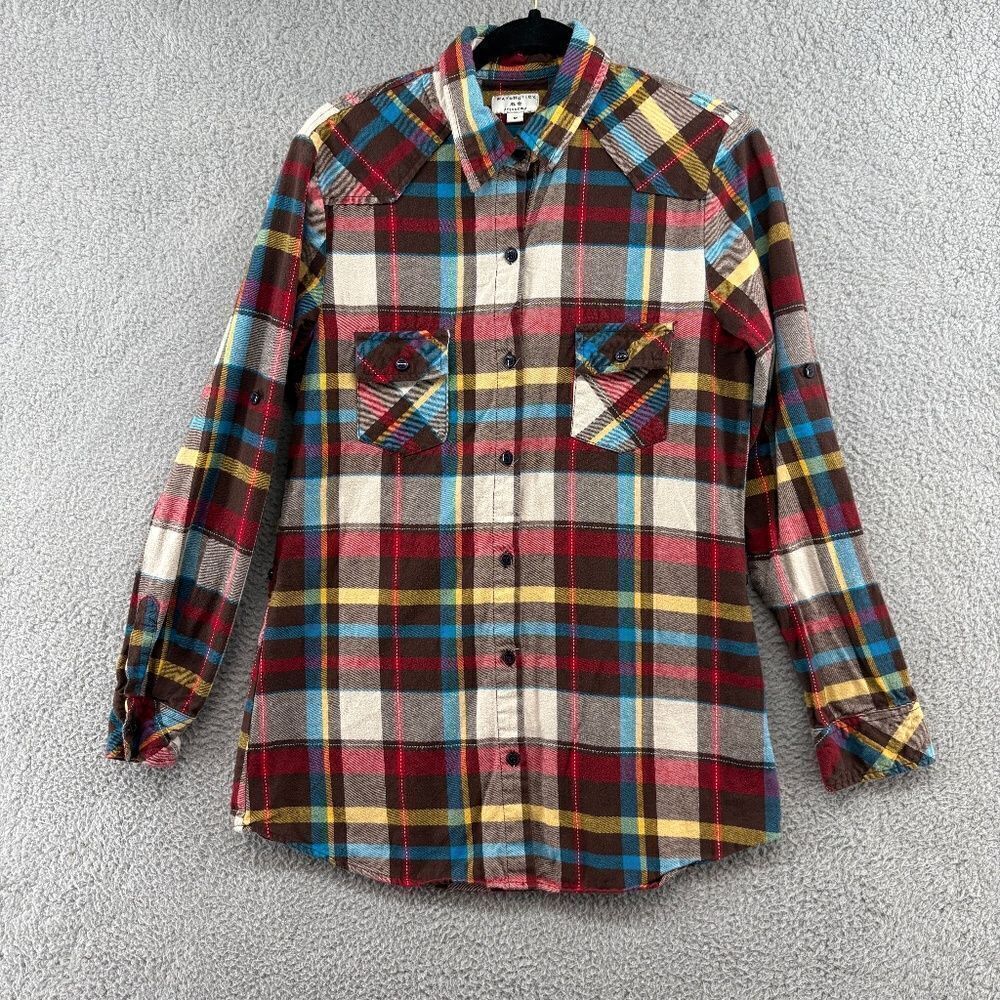 Matchstick plaid flannel button down shirt roll tab sleeve